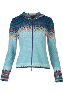 DUNQUE Jacquard-Strickjacke Petrol-natur-bunt gemustert mit Kapuze