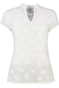 BERWIN Bluse wei� Kurzarm mit allover Lochstickerei und Stehlkragen