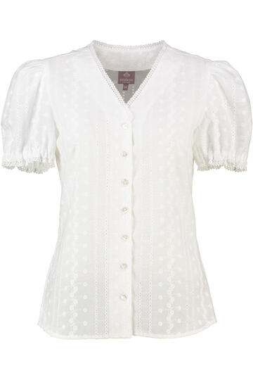 BERWIN Bluse wei� Kurzarm mit allover Lochstickerei und V-Ausschnitt