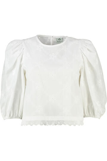 BERWIN Bluse wei� 3/4-Arm mit allover Lochstickerei